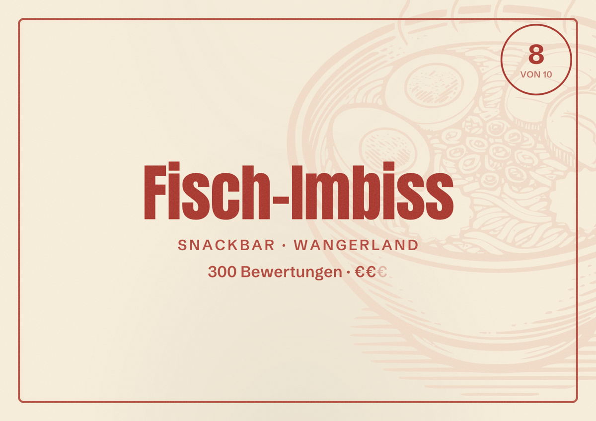 Illustriertes Poster von Fisch-Imbiss, Snackbar in Wangerland: Bewertung 8 von 10 aus 300 Bewertungen, Preisniveau €€