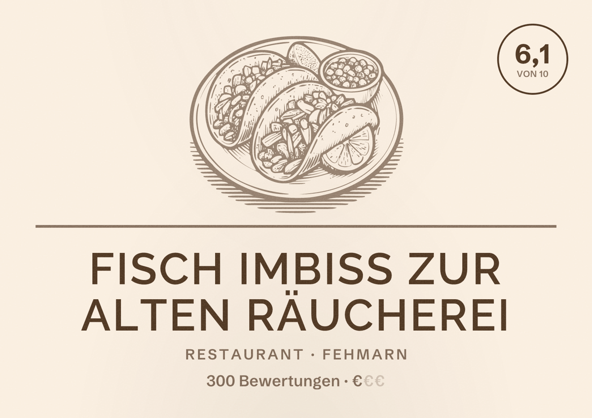 Illustriertes Poster von Fisch Imbiss zur alten Räucherei, Restaurant in Fehmarn: Bewertung 6,1 von 10 aus 300 Bewertungen, Preisniveau €