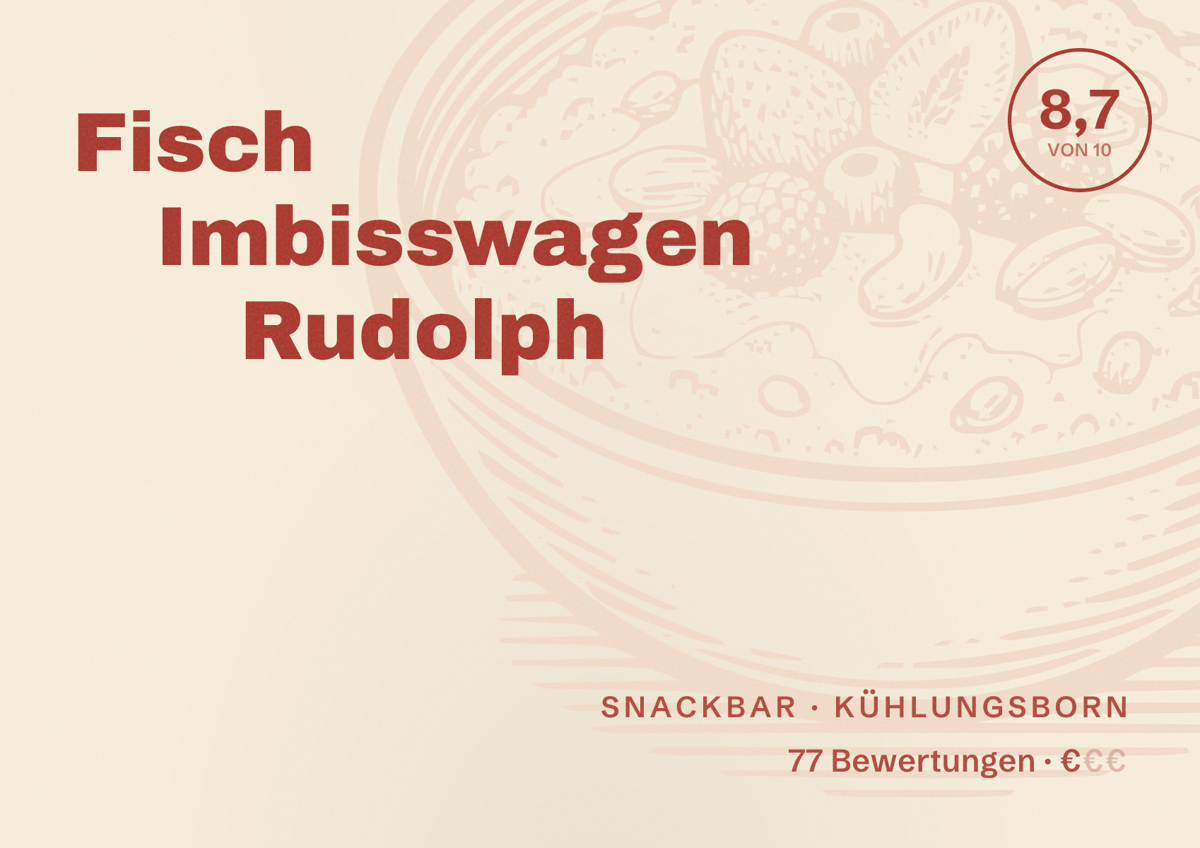 Illustriertes Poster von Fisch Imbisswagen Rudolph, Snackbar in Kühlungsborn: Bewertung 8,7 von 10 aus 77 Bewertungen, Preisniveau €