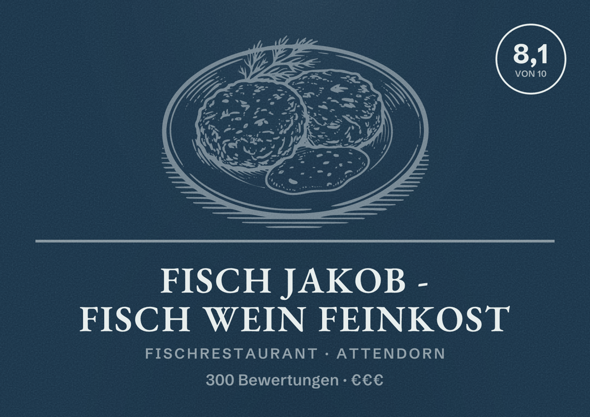 Illustriertes Poster von Fisch Jakob - Fisch Wein Feinkost, Fischrestaurant in Attendorn: Bewertung 8,1 von 10 aus 300 Bewertungen, Preisniveau €€€