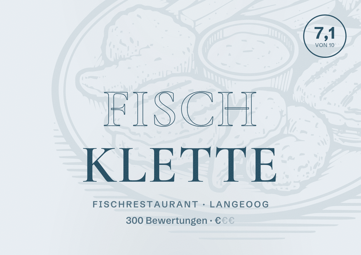 Illustriertes Poster von Fisch Klette, Fischrestaurant in Langeoog: Bewertung 7,1 von 10 aus 300 Bewertungen, Preisniveau €