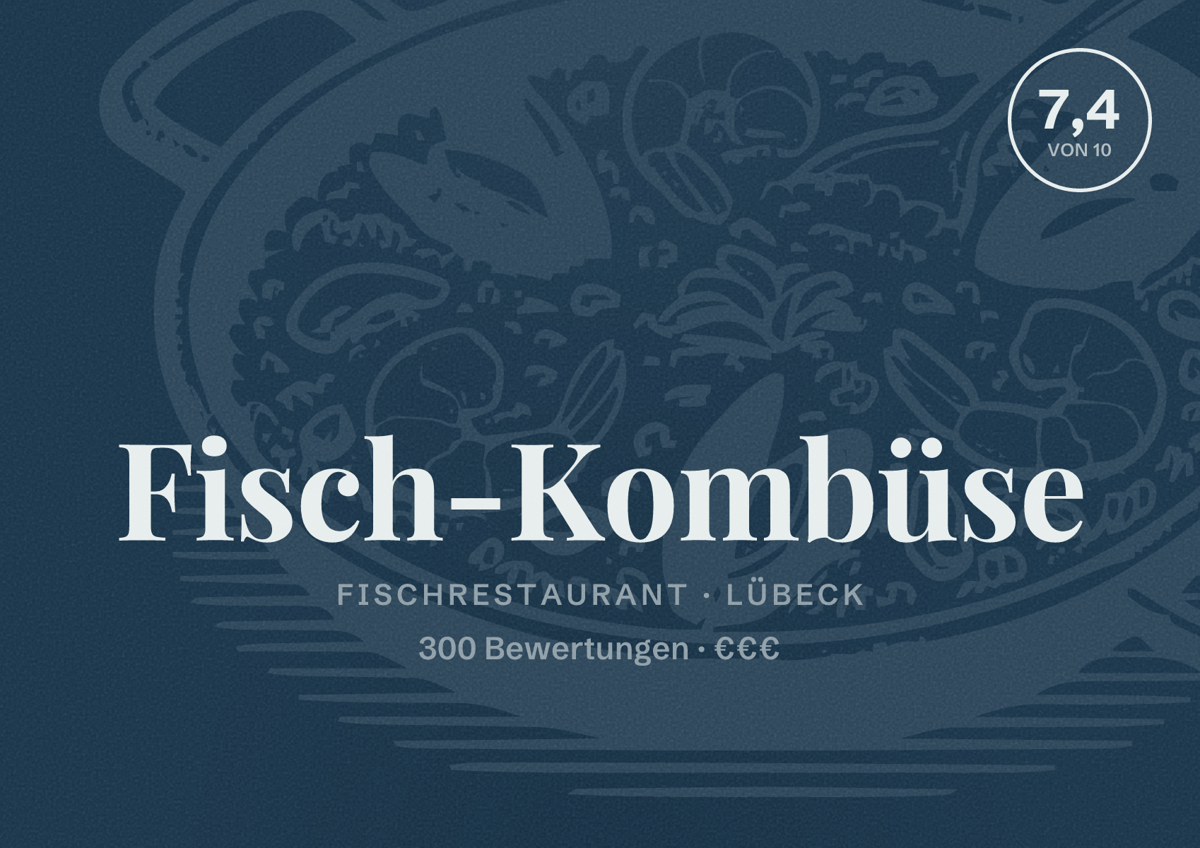 Illustriertes Poster von Fisch-Kombüse, Fischrestaurant in Lübeck: Bewertung 7,4 von 10 aus 300 Bewertungen, Preisniveau €€€