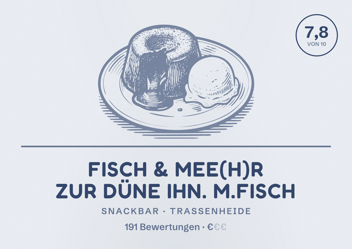 Illustriertes Poster von Fisch & Mee(h)r zur Düne Ihn. M.Fisch, Snackbar in Trassenheide: Bewertung 7,8 von 10 aus 191 Bewertungen, Preisniveau €