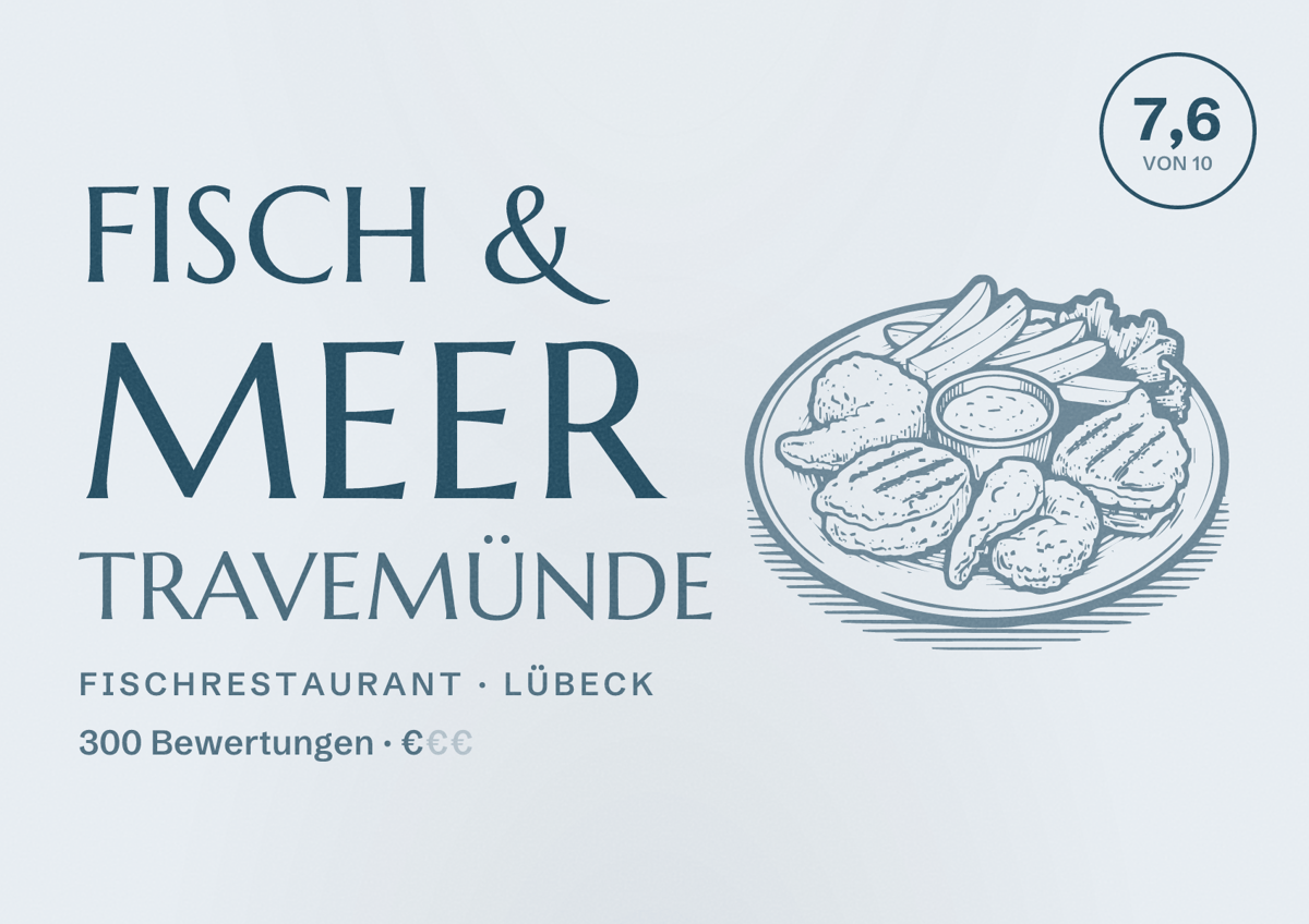 Illustriertes Poster von Fisch & Meer Travemünde, Fischrestaurant in Lübeck: Bewertung 7,6 von 10 aus 300 Bewertungen, Preisniveau €
