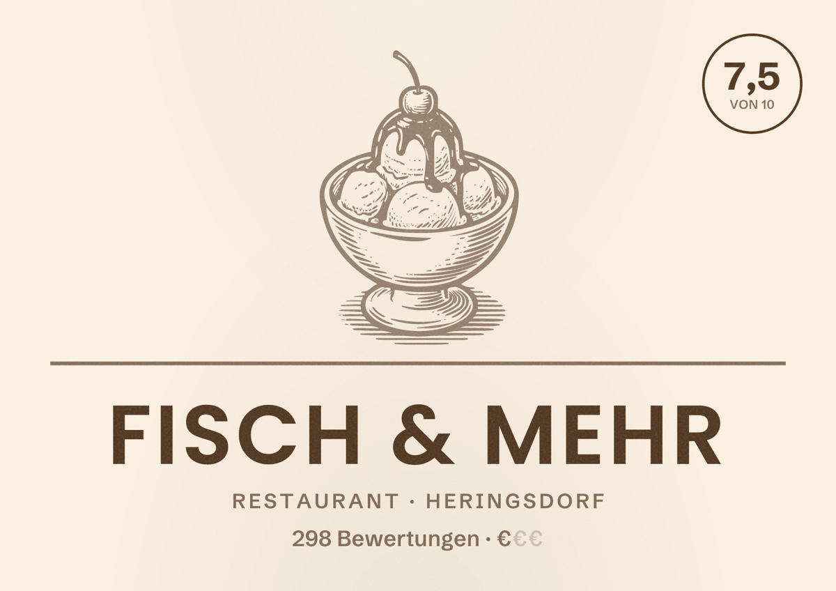 Illustriertes Poster von Fisch & mehr, Restaurant in Heringsdorf: Bewertung 7,5 von 10 aus 298 Bewertungen, Preisniveau €