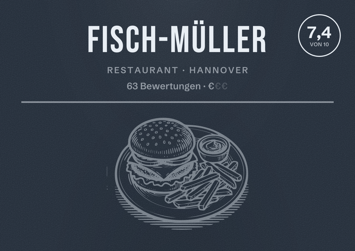 Illustriertes Poster von Fisch-Müller, Restaurant in Hannover: Bewertung 7,4 von 10 aus 63 Bewertungen, Preisniveau €