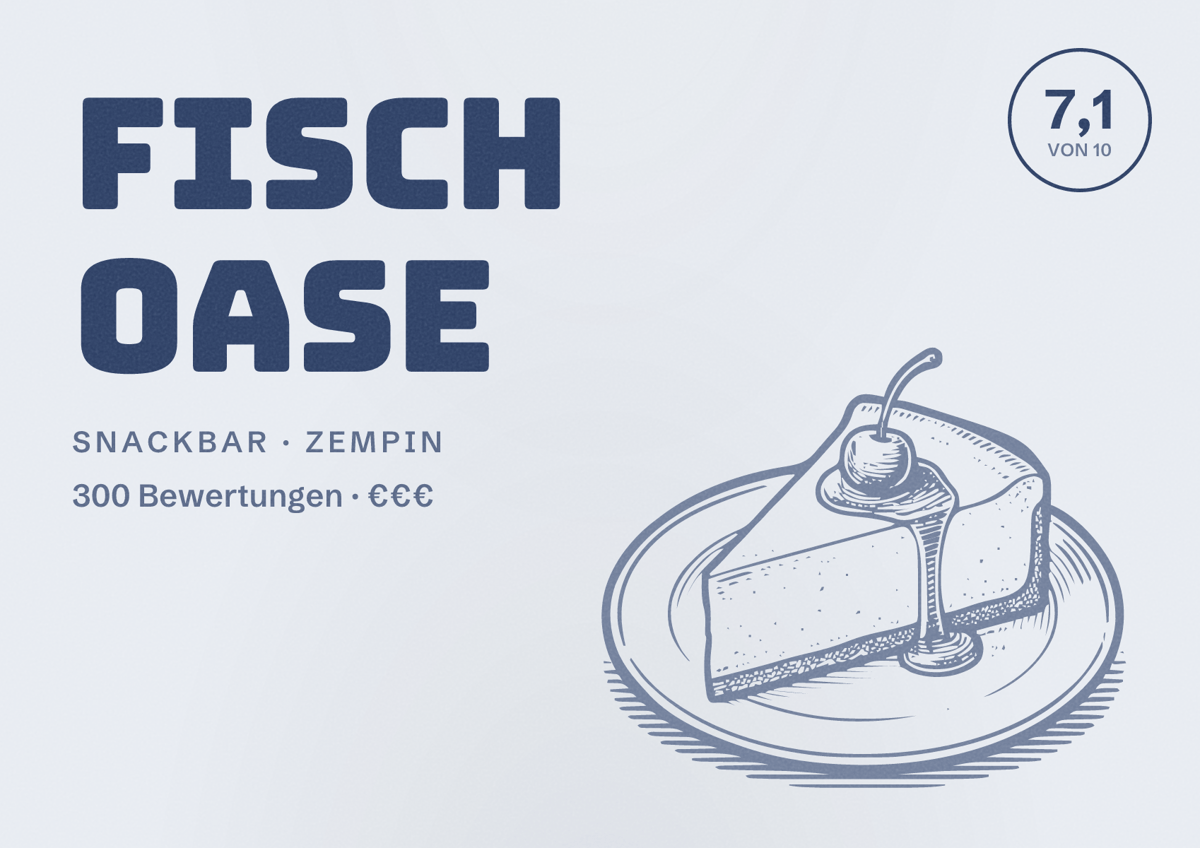 Illustriertes Poster von Fisch Oase, Snackbar in Zempin: Bewertung 7,1 von 10 aus 300 Bewertungen, Preisniveau €€€