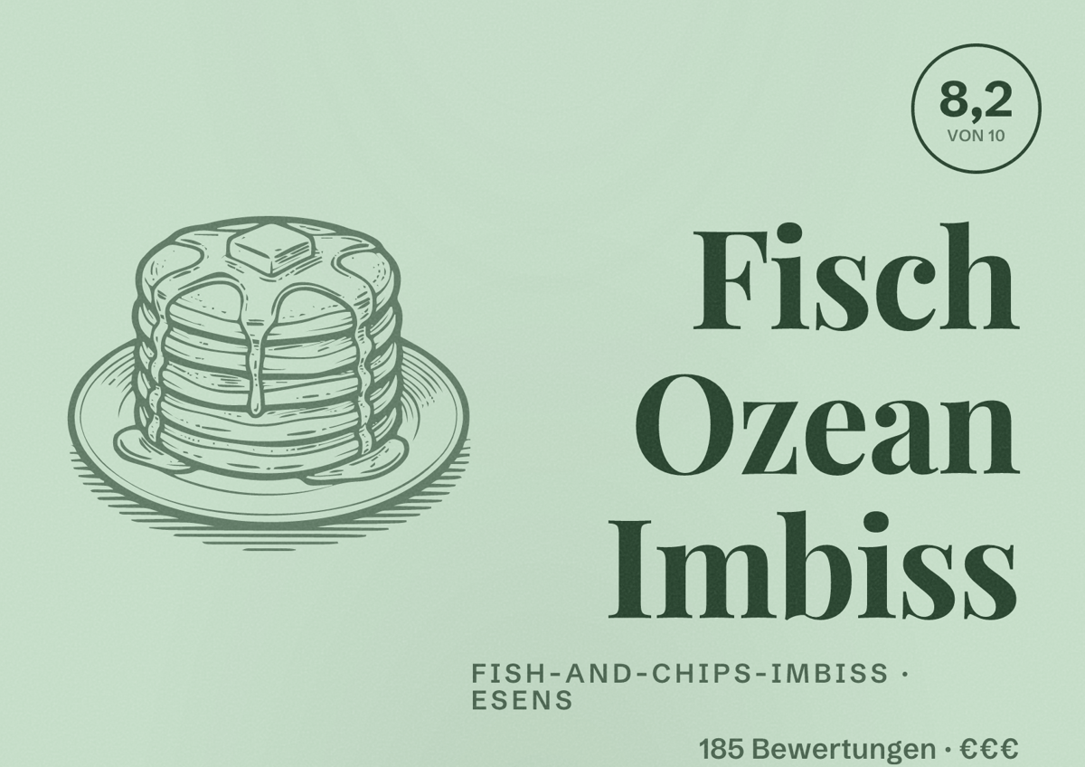 Illustriertes Poster von Fisch Ozean Imbiss, Fish-and-Chips-Imbiss in Esens: Bewertung 8,2 von 10 aus 185 Bewertungen, Preisniveau €€€