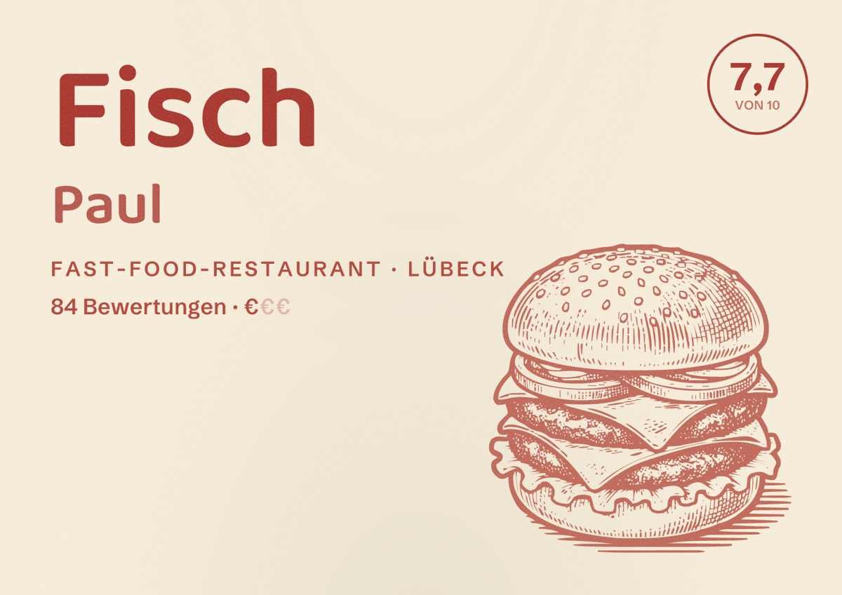 Illustriertes Poster von Fisch Paul, Fast-Food-Restaurant in Lübeck: Bewertung 7,7 von 10 aus 84 Bewertungen, Preisniveau €