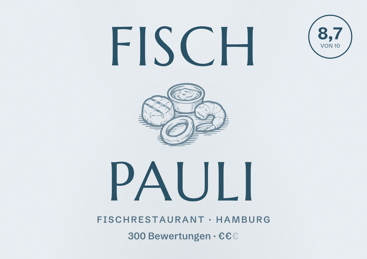 Illustriertes Poster von Fisch Pauli, Fischrestaurant in Hamburg: Bewertung 8,7 von 10 aus 300 Bewertungen, Preisniveau €€