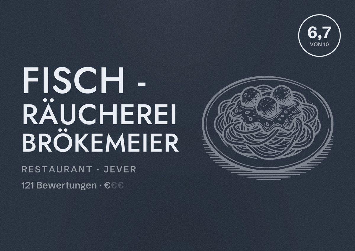 Illustriertes Poster von Fisch - Räucherei Brökemeier, Restaurant in Jever: Bewertung 6,7 von 10 aus 121 Bewertungen, Preisniveau €