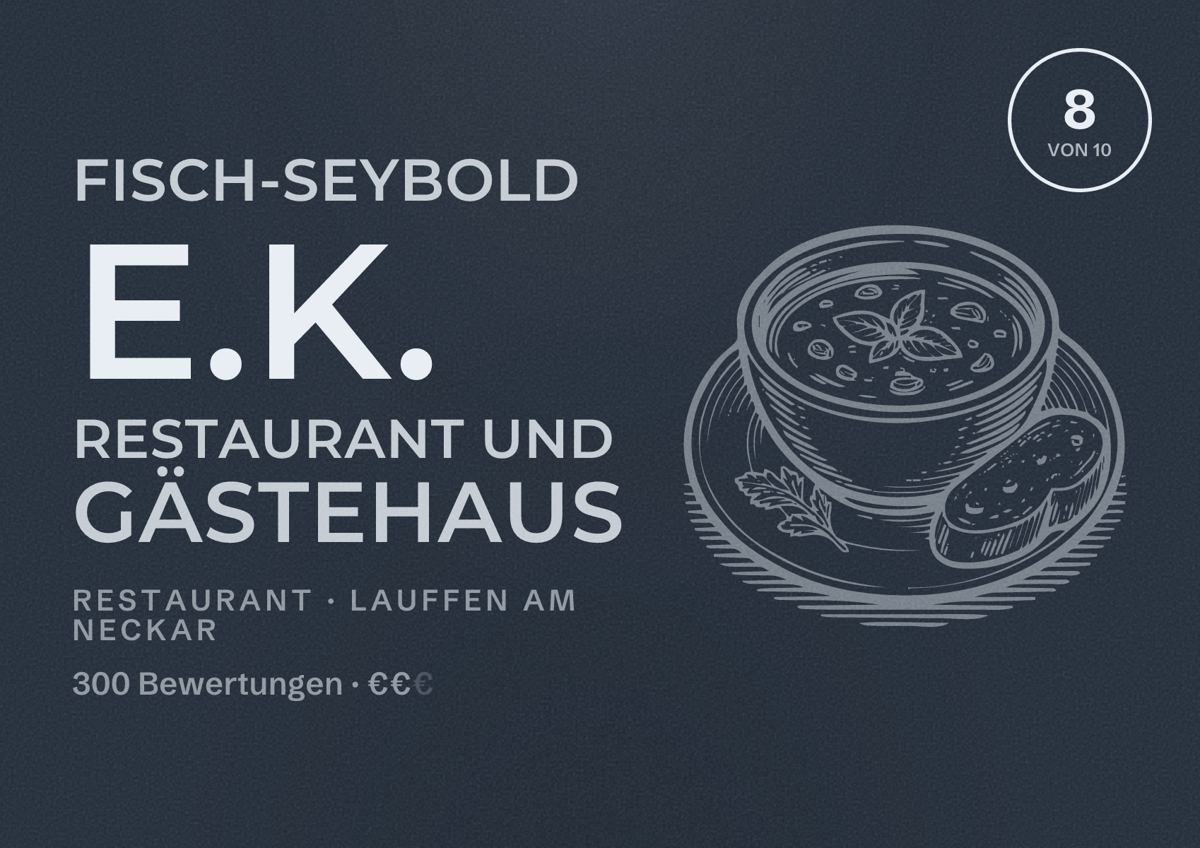 Illustriertes Poster von Fisch-Seybold e.K. Restaurant und Gästehaus, Restaurant in Lauffen am Neckar: Bewertung 8 von 10 aus 300 Bewertungen, Preisniveau €€