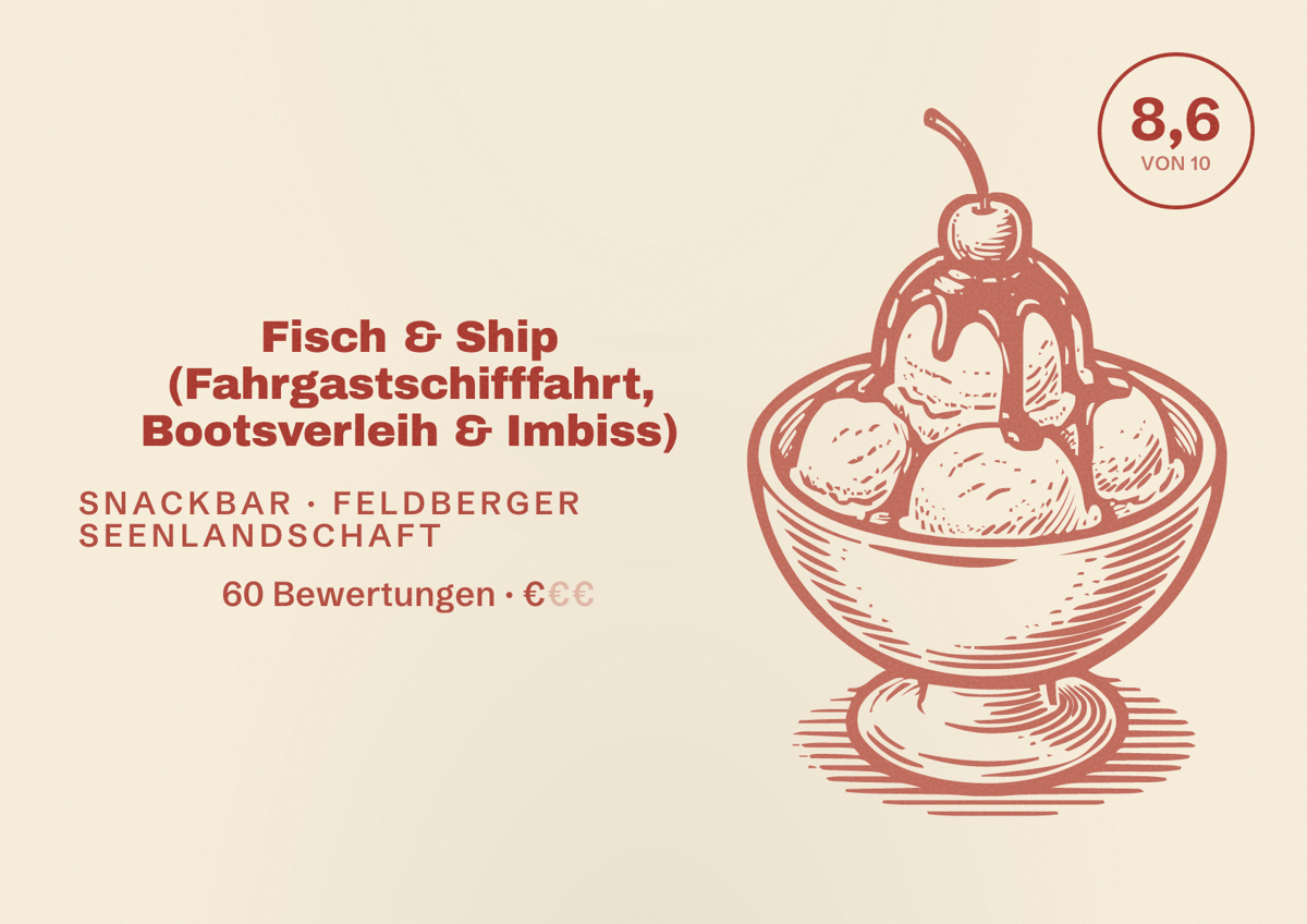 Illustriertes Poster von Fisch & Ship (Fahrgastschifffahrt, Bootsverleih & Imbiss), Snackbar in Feldberger Seenlandschaft: Bewertung 8,6 von 10 aus 60 Bewertungen, Preisniveau €
