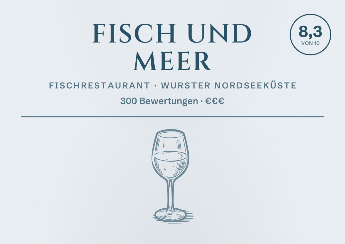 Illustriertes Poster von Fisch und Meer, Fischrestaurant in Wurster Nordseeküste: Bewertung 8,3 von 10 aus 300 Bewertungen, Preisniveau €€€