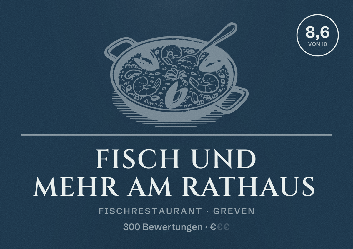 Illustriertes Poster von Fisch und Mehr am Rathaus, Fischrestaurant in Greven: Bewertung 8,6 von 10 aus 300 Bewertungen, Preisniveau €
