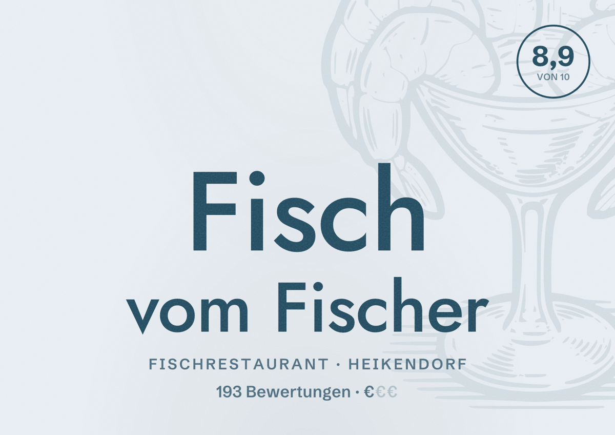 Illustriertes Poster von Fisch vom Fischer, Fischrestaurant in Heikendorf: Bewertung 8,9 von 10 aus 193 Bewertungen, Preisniveau €