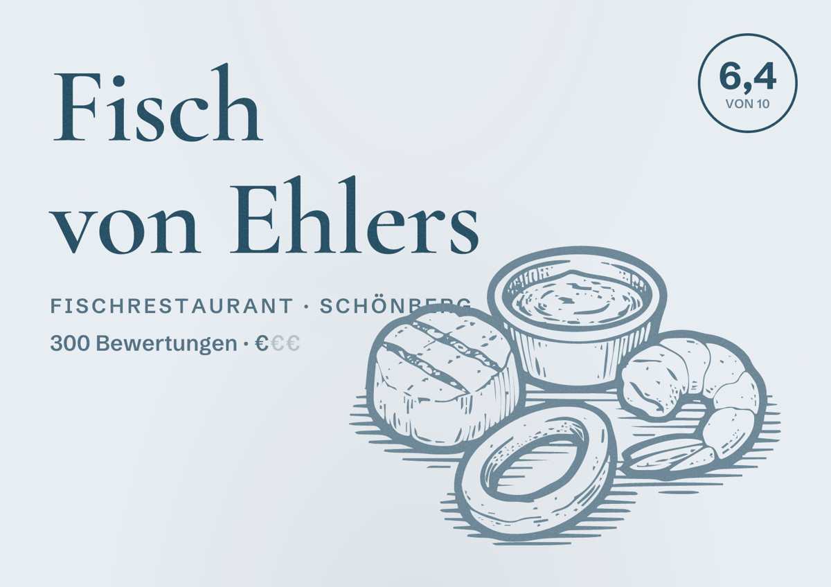 Illustriertes Poster von Fisch von Ehlers, Fischrestaurant in Schönberg: Bewertung 6,4 von 10 aus 300 Bewertungen, Preisniveau €