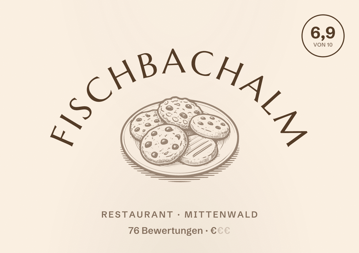 Illustriertes Poster von Fischbachalm, Restaurant in Mittenwald: Bewertung 6,9 von 10 aus 76 Bewertungen, Preisniveau €