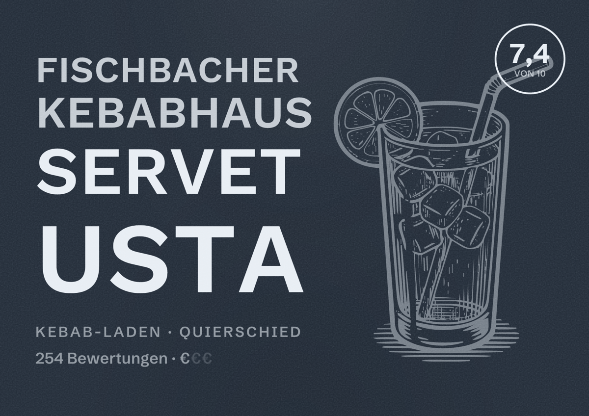 Illustriertes Poster von Fischbacher Kebabhaus SERVET USTA, Kebab-Laden in Quierschied: Bewertung 7,4 von 10 aus 254 Bewertungen, Preisniveau €