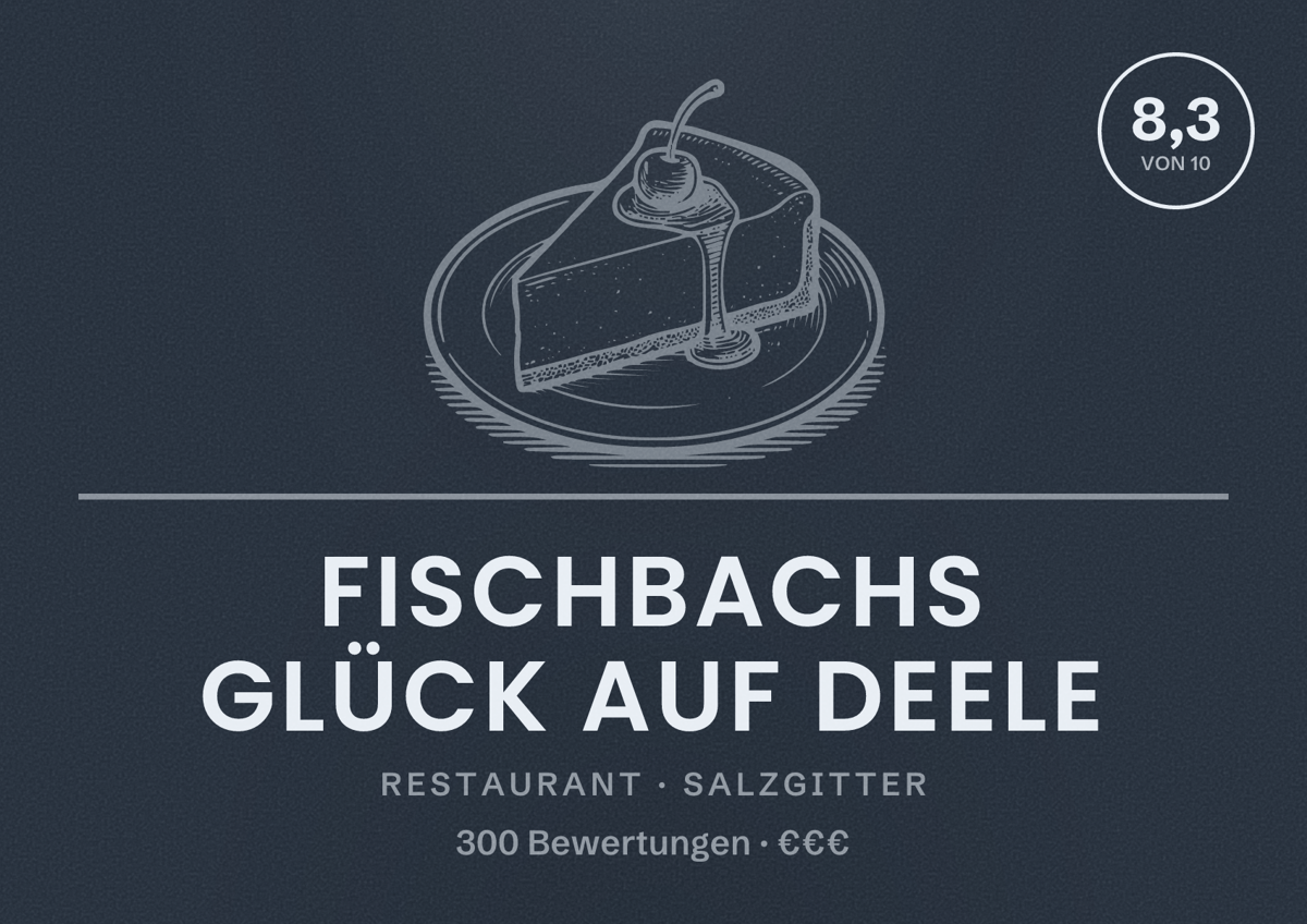 Illustriertes Poster von Fischbachs Glück Auf Deele, Restaurant in Salzgitter: Bewertung 8,3 von 10 aus 300 Bewertungen, Preisniveau €€€