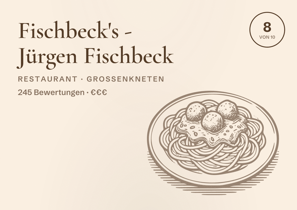 Illustriertes Poster von Fischbeck's - Jürgen Fischbeck, Restaurant in Großenkneten: Bewertung 8 von 10 aus 245 Bewertungen, Preisniveau €€€