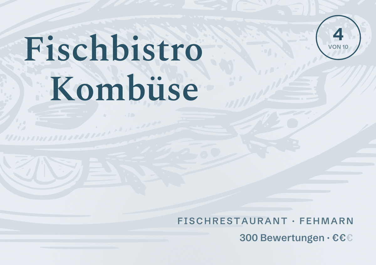 Illustriertes Poster von Fischbistro Kombüse, Fischrestaurant in Fehmarn: Bewertung 4 von 10 aus 300 Bewertungen, Preisniveau €€