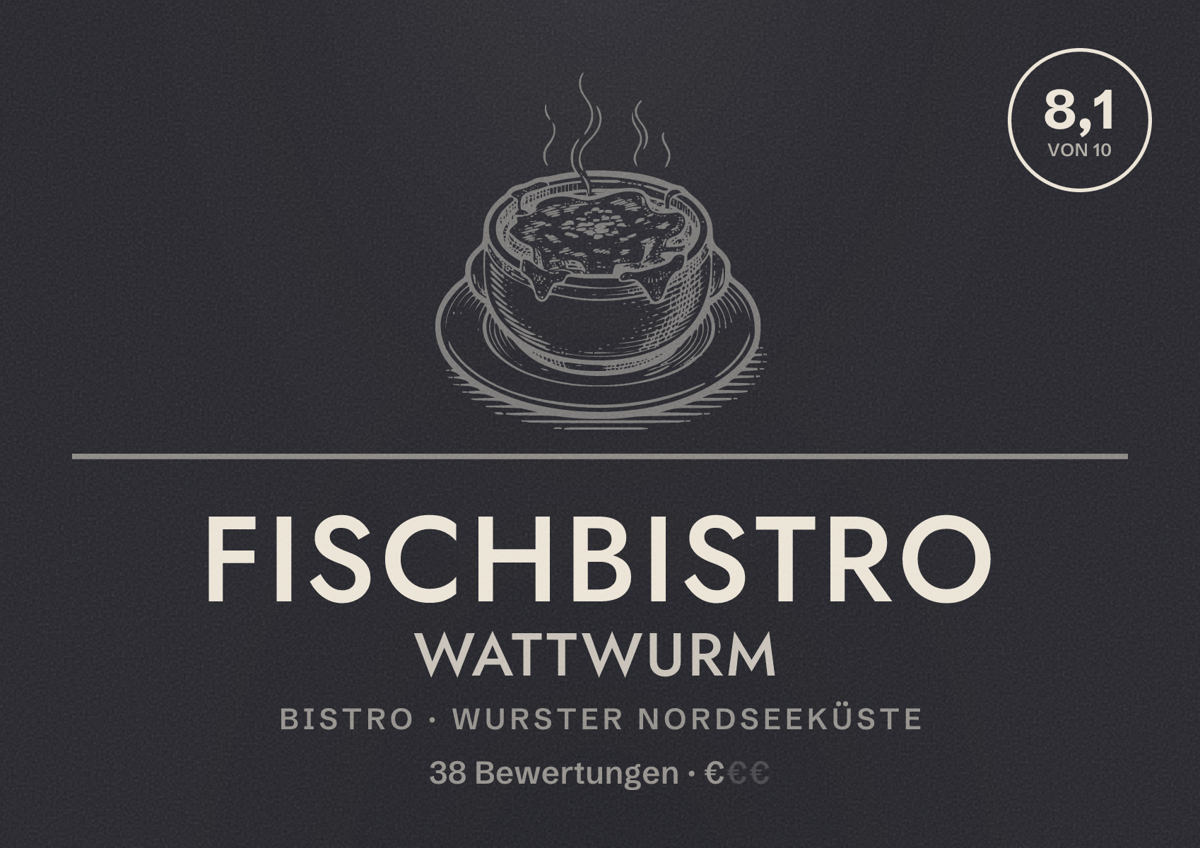 Illustriertes Poster von Fischbistro Wattwurm, Bistro in Wurster Nordseeküste: Bewertung 8,1 von 10 aus 38 Bewertungen, Preisniveau €