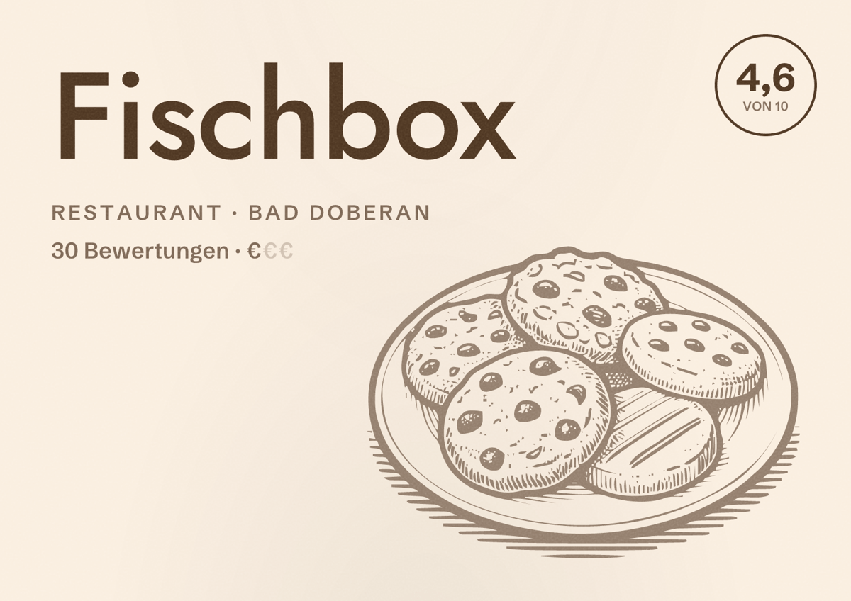 Illustriertes Poster von Fischbox, Restaurant in Bad Doberan: Bewertung 4,6 von 10 aus 30 Bewertungen, Preisniveau €