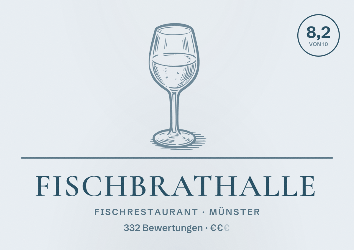 Illustriertes Poster von Fischbrathalle, Fischrestaurant in Münster: Bewertung 8,2 von 10 aus 332 Bewertungen, Preisniveau €€