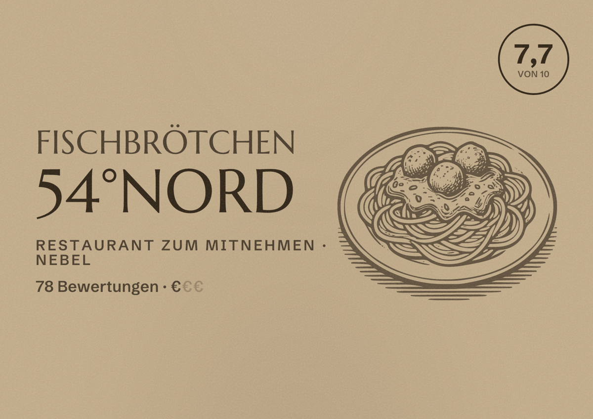Illustriertes Poster von Fischbrötchen 54°Nord, Restaurant zum Mitnehmen in Nebel: Bewertung 7,7 von 10 aus 78 Bewertungen, Preisniveau €