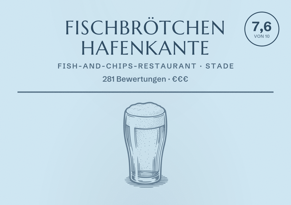 Illustriertes Poster von Fischbrötchen Hafenkante, Fish-and-Chips-Restaurant in Stade: Bewertung 7,6 von 10 aus 281 Bewertungen, Preisniveau €€€