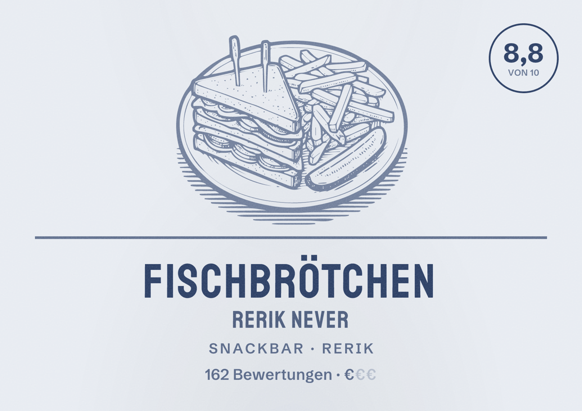 Illustriertes Poster von Fischbrötchen Rerik Never, Snackbar in Rerik: Bewertung 8,8 von 10 aus 162 Bewertungen, Preisniveau €