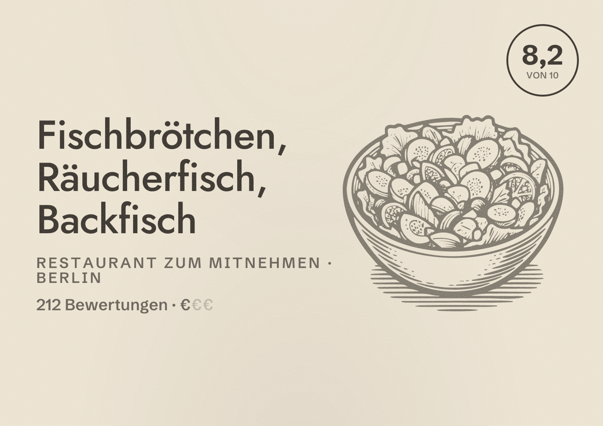 Illustriertes Poster von Fischbrötchen, Räucherfisch, Backfisch, Restaurant zum Mitnehmen in Berlin: Bewertung 8,2 von 10 aus 212 Bewertungen, Preisniveau €