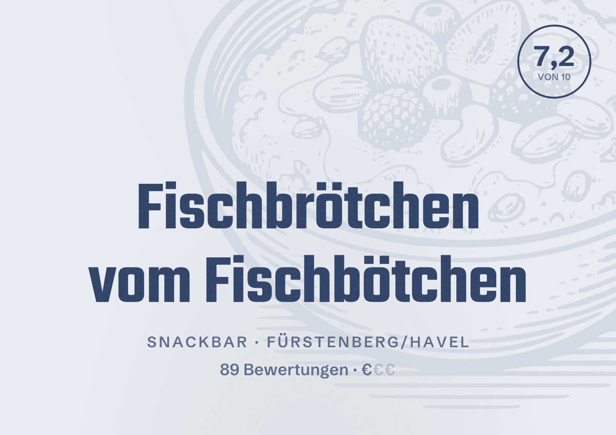Illustriertes Poster von Fischbrötchen vom Fischbötchen, Snackbar in Fürstenberg/Havel: Bewertung 7,2 von 10 aus 89 Bewertungen, Preisniveau €