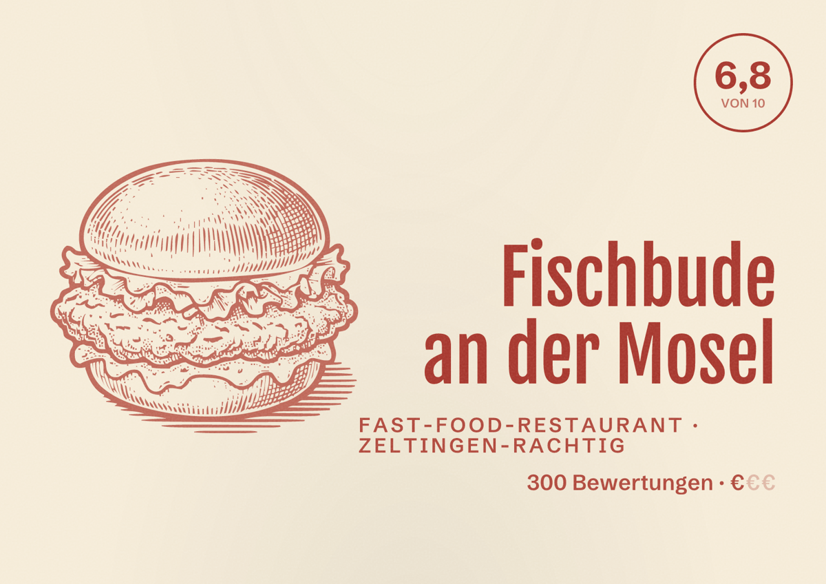 Illustriertes Poster von Fischbude an der Mosel, Fast-Food-Restaurant in Zeltingen-Rachtig: Bewertung 6,8 von 10 aus 300 Bewertungen, Preisniveau €