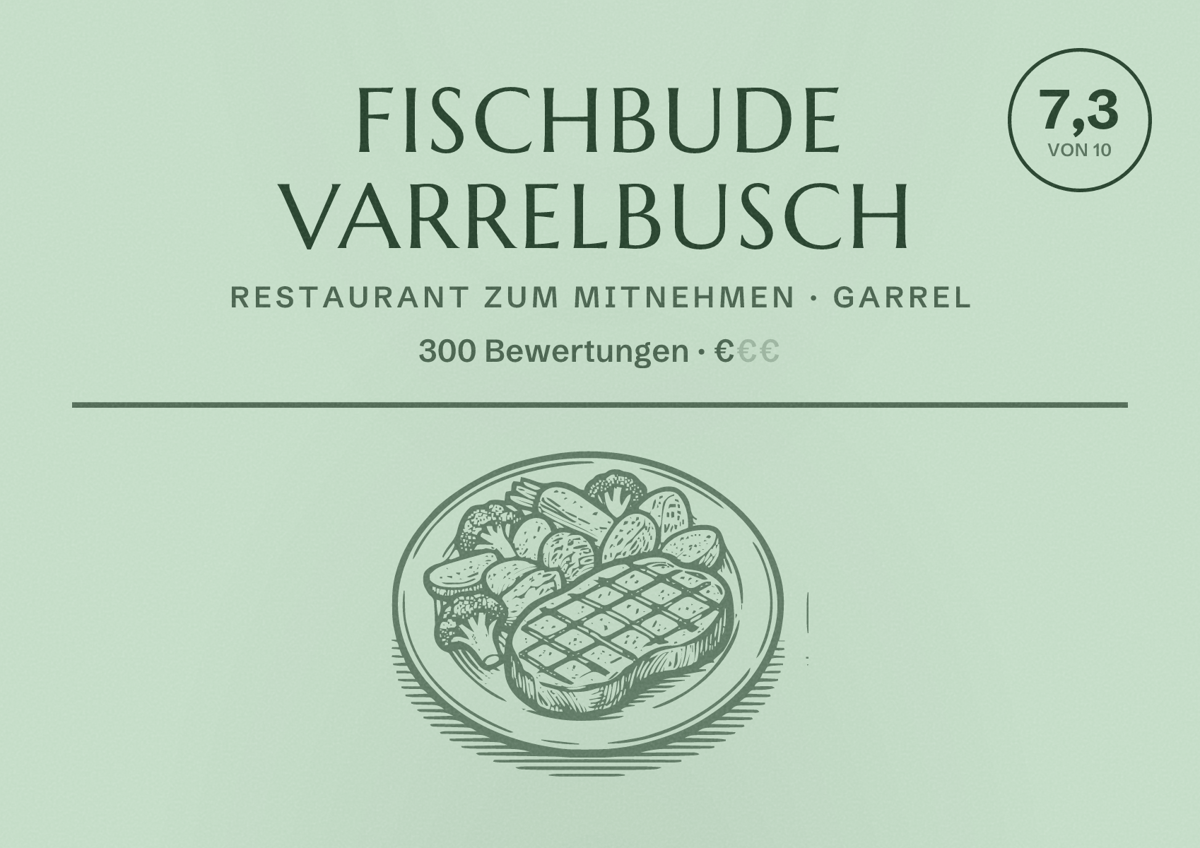 Illustriertes Poster von Fischbude Varrelbusch, Restaurant zum Mitnehmen in Garrel: Bewertung 7,3 von 10 aus 300 Bewertungen, Preisniveau €