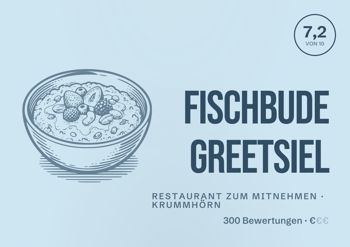 Illustriertes Poster von Fischbude Greetsiel, Restaurant zum Mitnehmen in Krummhörn: Bewertung 7,2 von 10 aus 300 Bewertungen, Preisniveau €