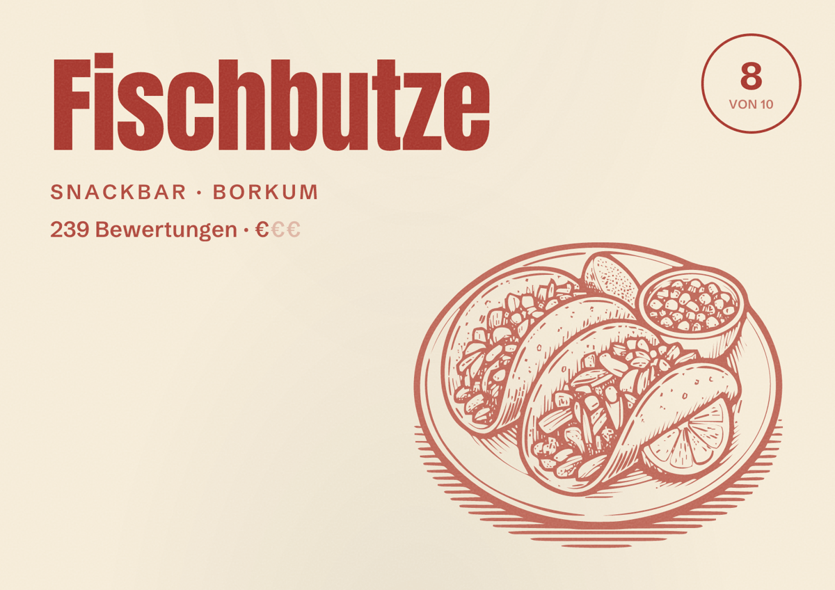 Illustriertes Poster von Fischbutze, Snackbar in Borkum: Bewertung 8 von 10 aus 239 Bewertungen, Preisniveau €