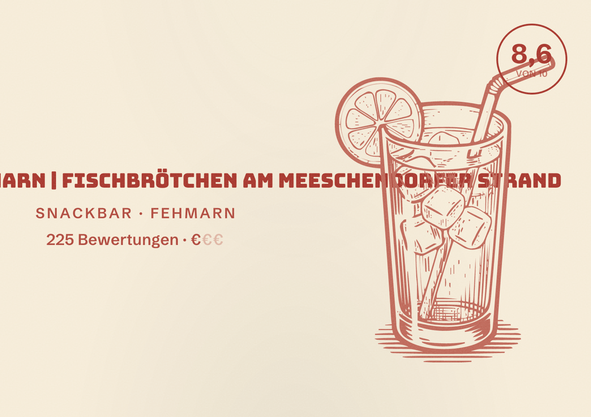 Illustriertes Poster von Fischbutze Fehmarn | Fischbrötchen am Meeschendorfer Strand, Snackbar in Fehmarn: Bewertung 8,6 von 10 aus 225 Bewertungen, Preisniveau €