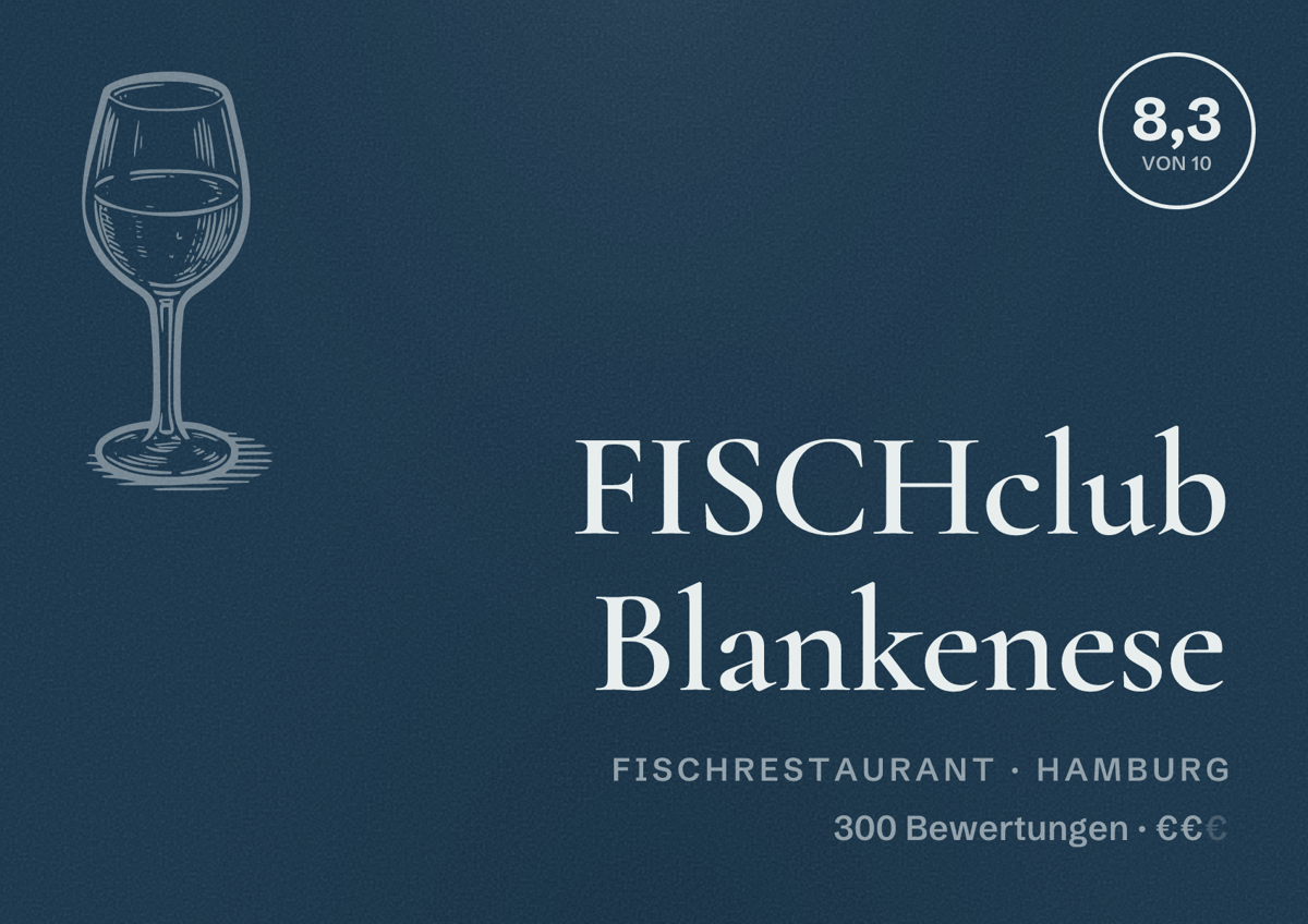 Illustriertes Poster von FISCHclub Blankenese, Fischrestaurant in Hamburg: Bewertung 8,3 von 10 aus 300 Bewertungen, Preisniveau €€