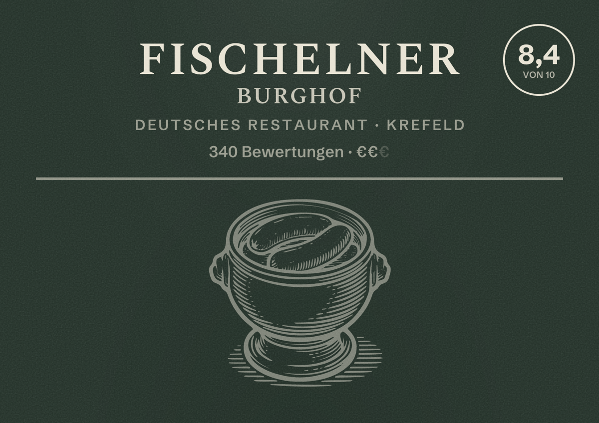 Illustriertes Poster von Fischelner Burghof, Deutsches Restaurant in Krefeld: Bewertung 8,4 von 10 aus 340 Bewertungen, Preisniveau €€