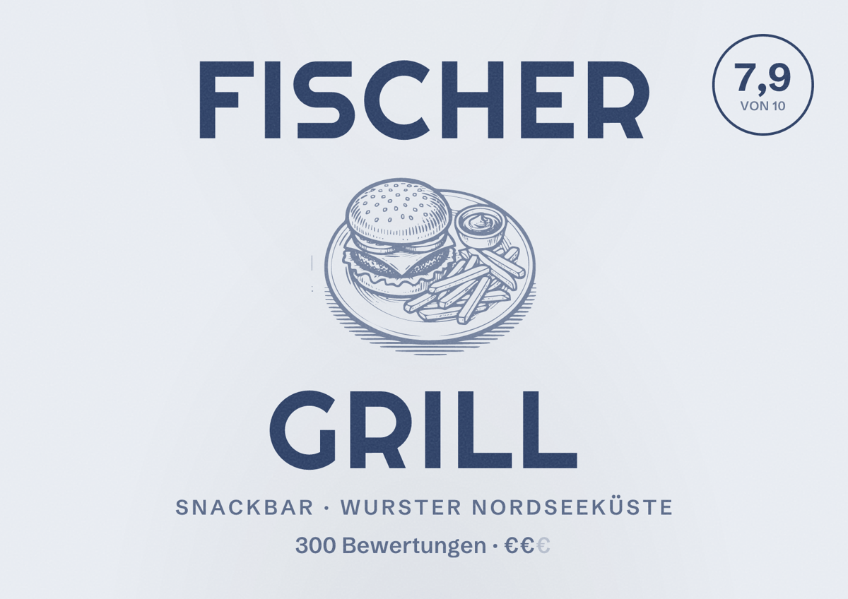 Illustriertes Poster von Fischer Grill, Snackbar in Wurster Nordseeküste: Bewertung 7,9 von 10 aus 300 Bewertungen, Preisniveau €€
