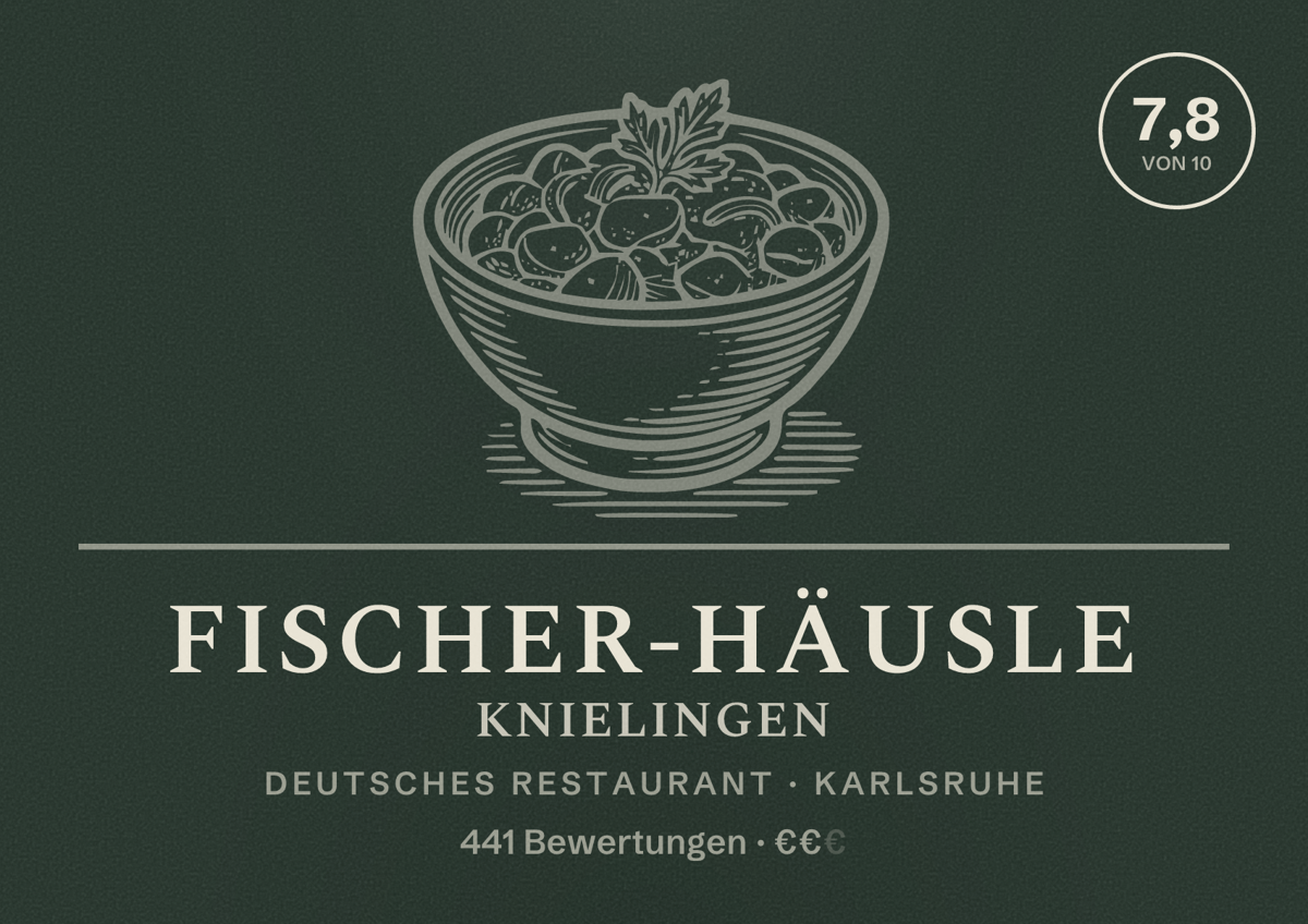 Illustriertes Poster von Fischer-Häusle Knielingen, Deutsches Restaurant in Karlsruhe: Bewertung 7,8 von 10 aus 441 Bewertungen, Preisniveau €€