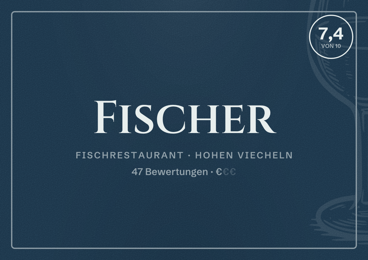 Illustriertes Poster von Fischer, Fischrestaurant in Hohen Viecheln: Bewertung 7,4 von 10 aus 47 Bewertungen, Preisniveau €