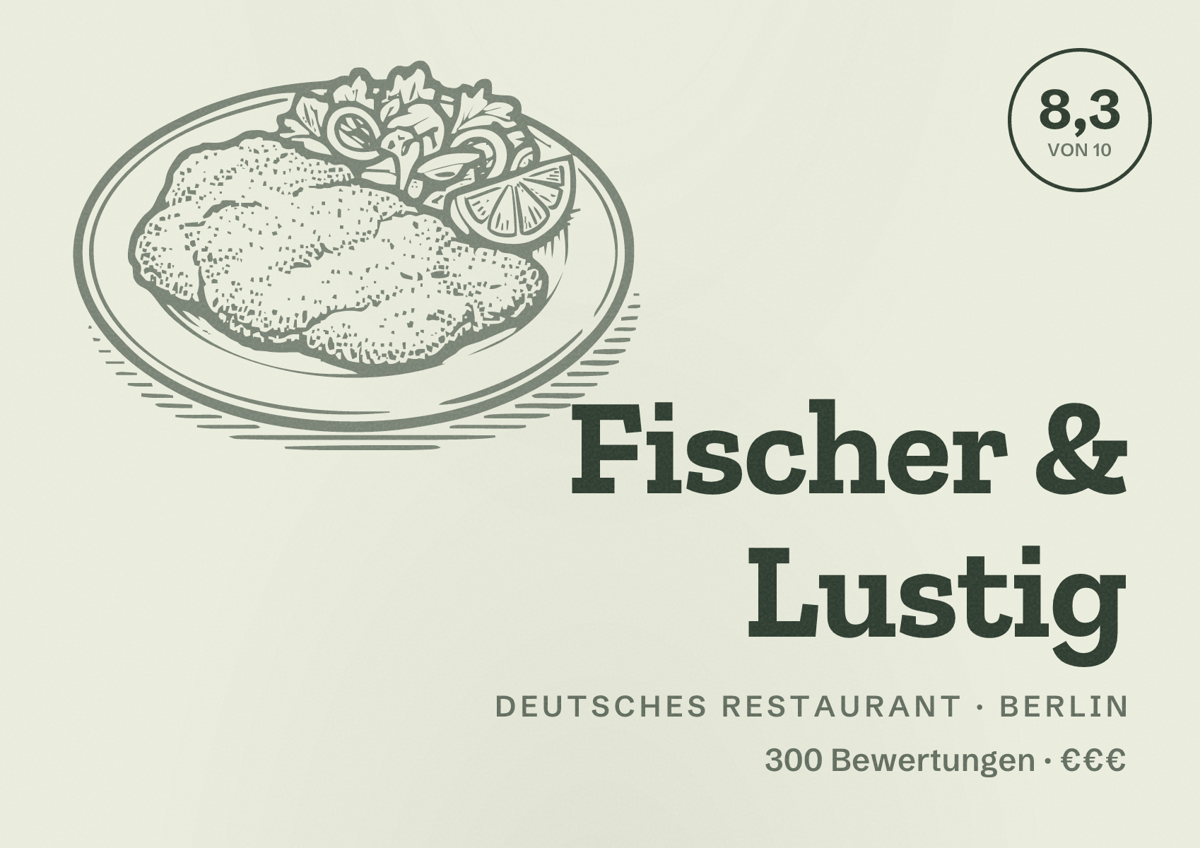 Illustriertes Poster von Fischer & Lustig, Deutsches Restaurant in Berlin: Bewertung 8,3 von 10 aus 300 Bewertungen, Preisniveau €€€
