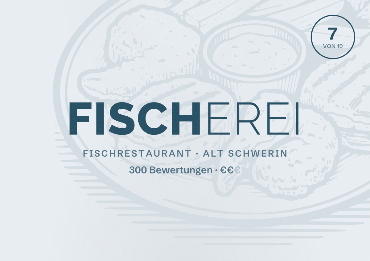 Illustriertes Poster von Fischerei, Fischrestaurant in Alt Schwerin: Bewertung 7 von 10 aus 300 Bewertungen, Preisniveau €€