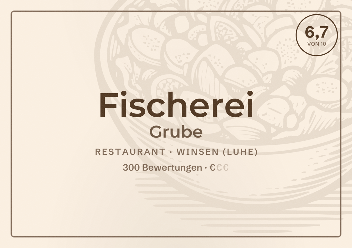 Illustriertes Poster von Fischerei Grube, Restaurant in Winsen (Luhe): Bewertung 6,7 von 10 aus 300 Bewertungen, Preisniveau €
