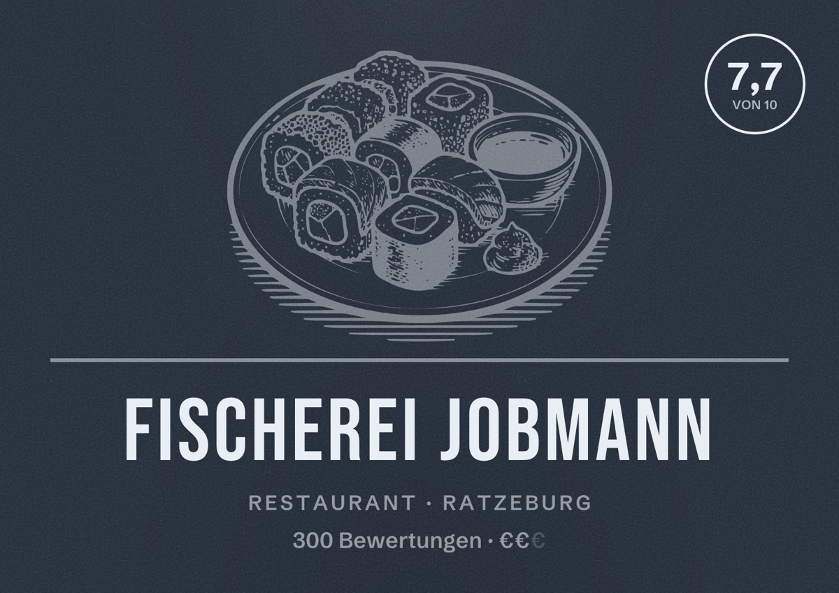 Illustriertes Poster von Fischerei Jobmann, Restaurant in Ratzeburg: Bewertung 7,7 von 10 aus 300 Bewertungen, Preisniveau €€