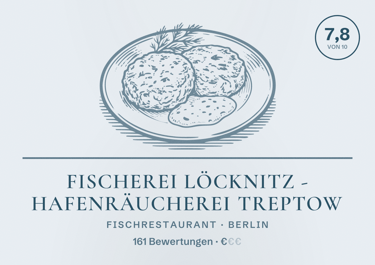 Illustriertes Poster von Fischerei Löcknitz - Hafenräucherei Treptow, Fischrestaurant in Berlin: Bewertung 7,8 von 10 aus 161 Bewertungen, Preisniveau €