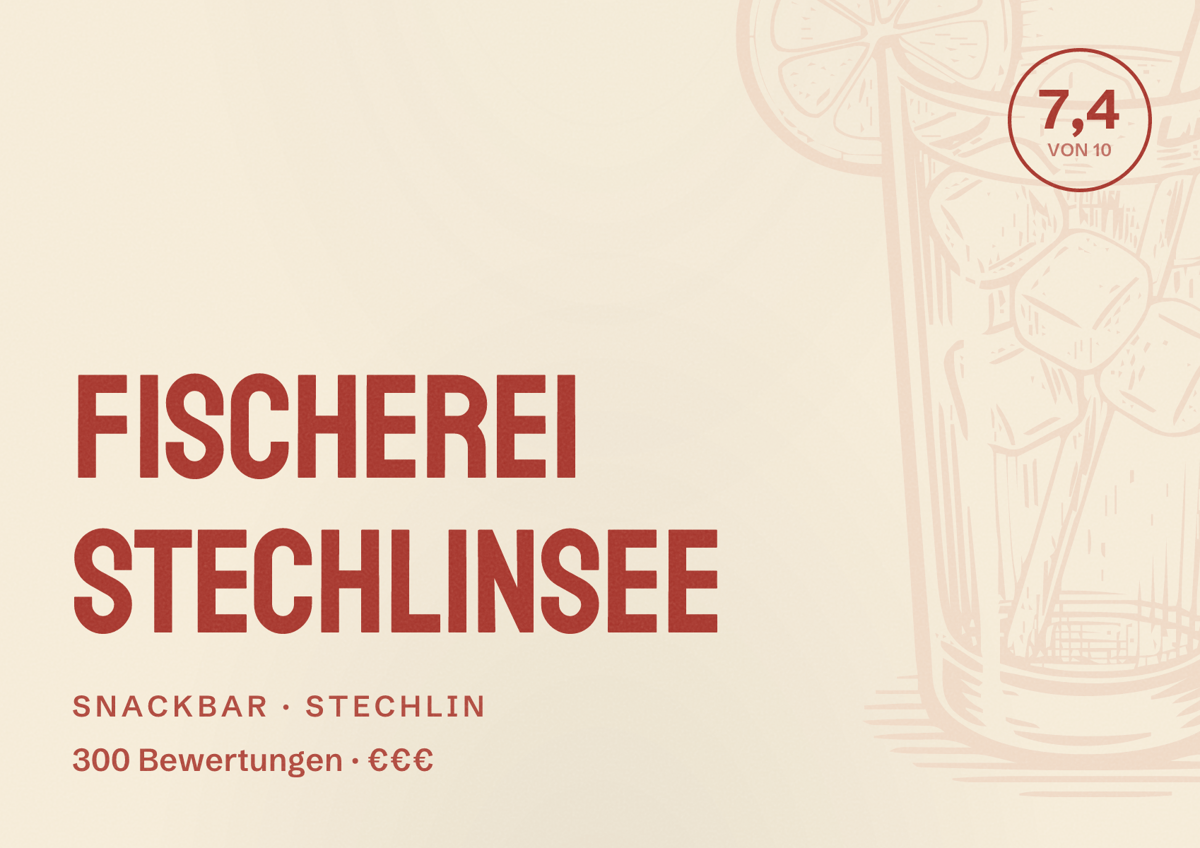 Illustriertes Poster von Fischerei Stechlinsee, Snackbar in Stechlin: Bewertung 7,4 von 10 aus 300 Bewertungen, Preisniveau €€€